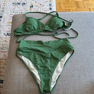 PINK Criss-cross high waisted green tie bikini